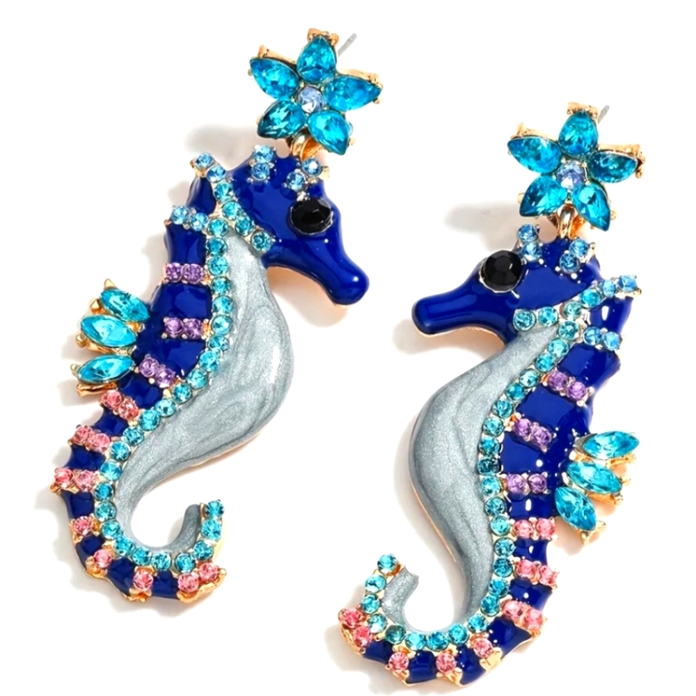 🌺Seahorse Rhinestone Dangle Earings Resort Wear Beach Wear Vacation Wear - Picture 3 of 6